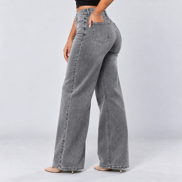 Gray jeans, Back three-quarter, hand in pocket