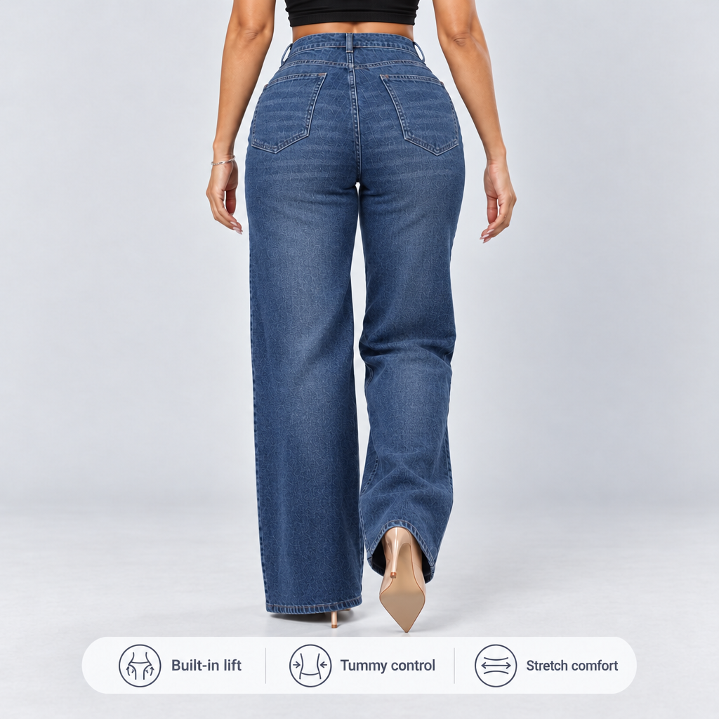 Medium Blue jeans, Back view, walking